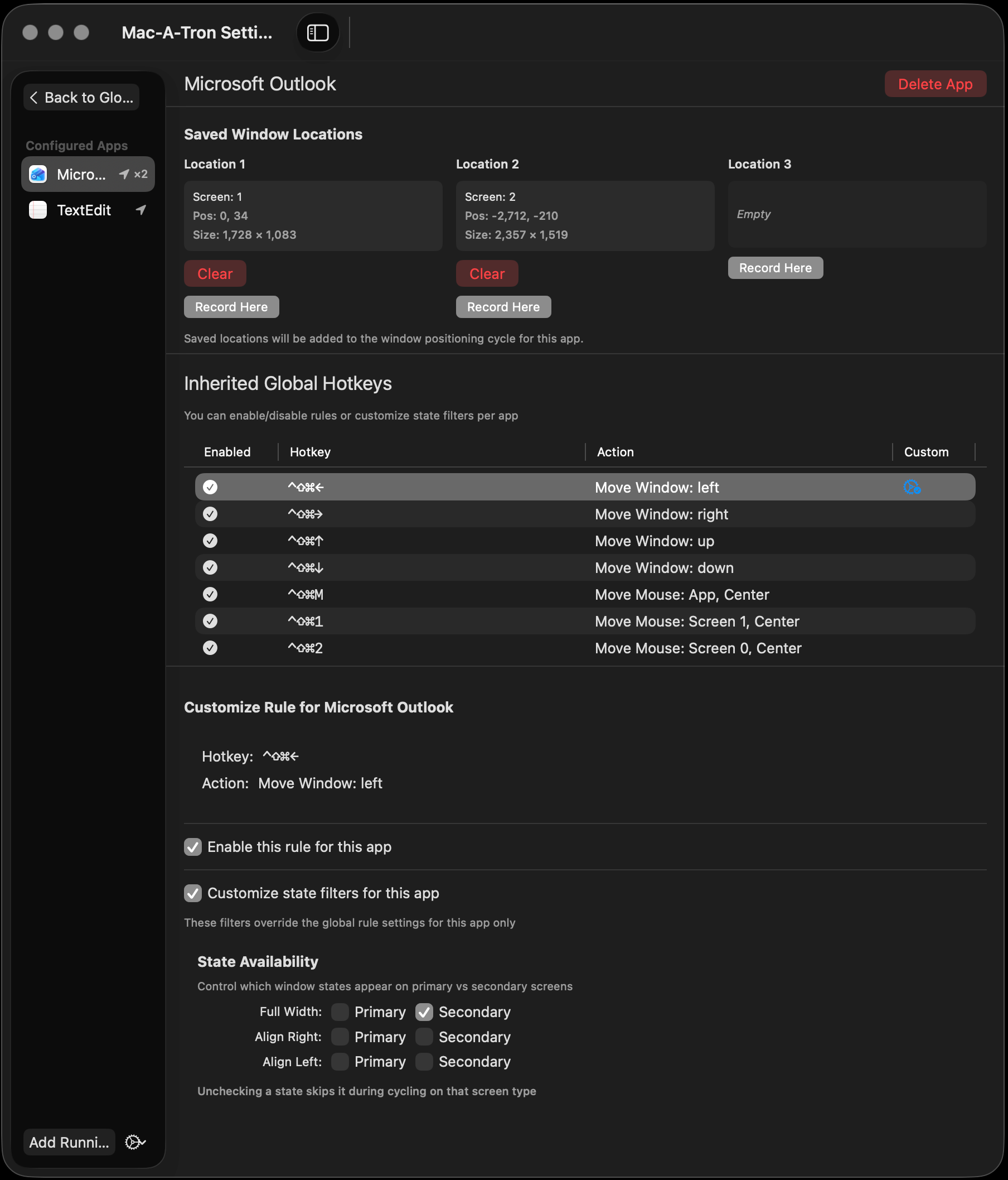 SnapMatic app-specific overrides screen