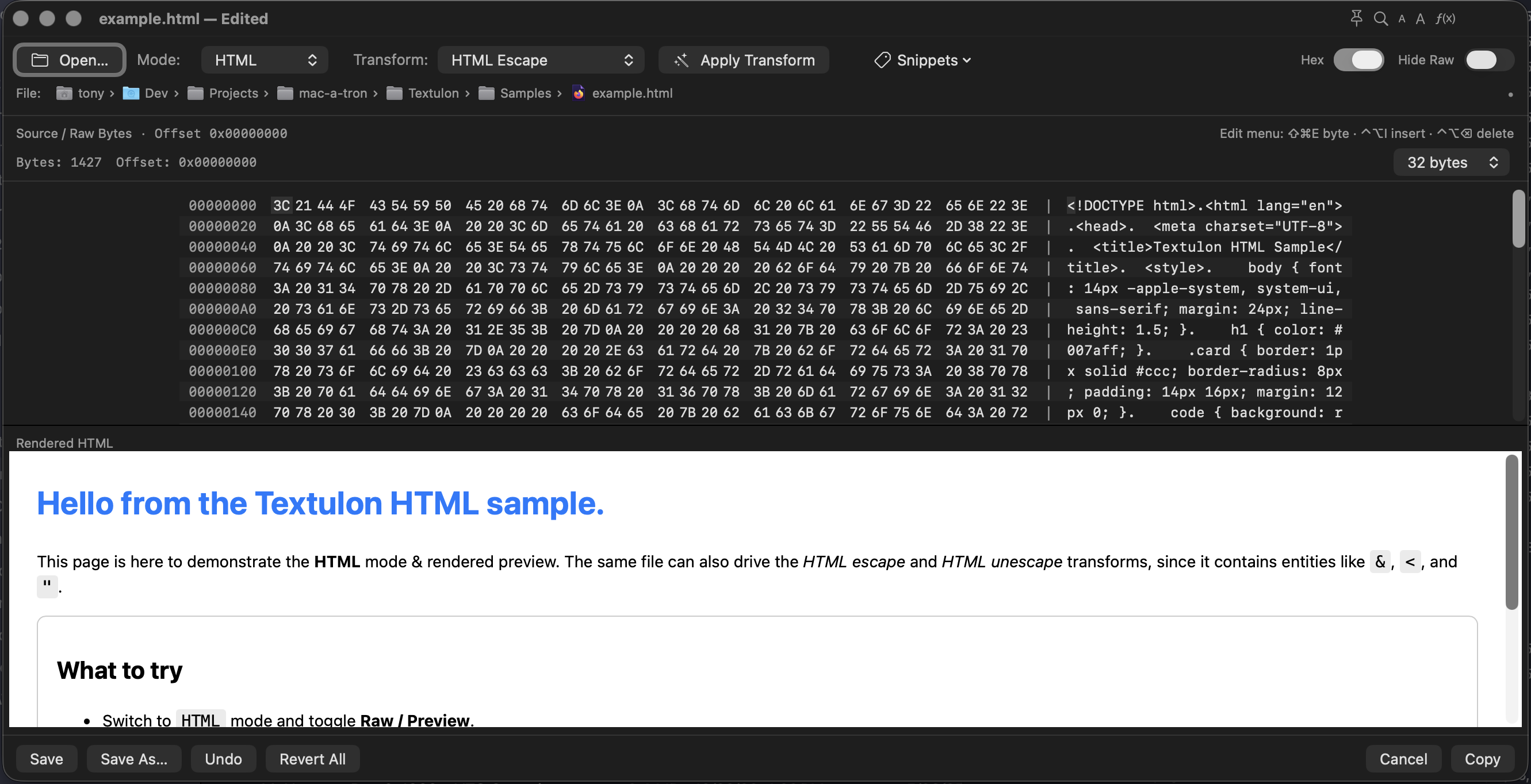 Textulon showing Hex view with byte grid and find