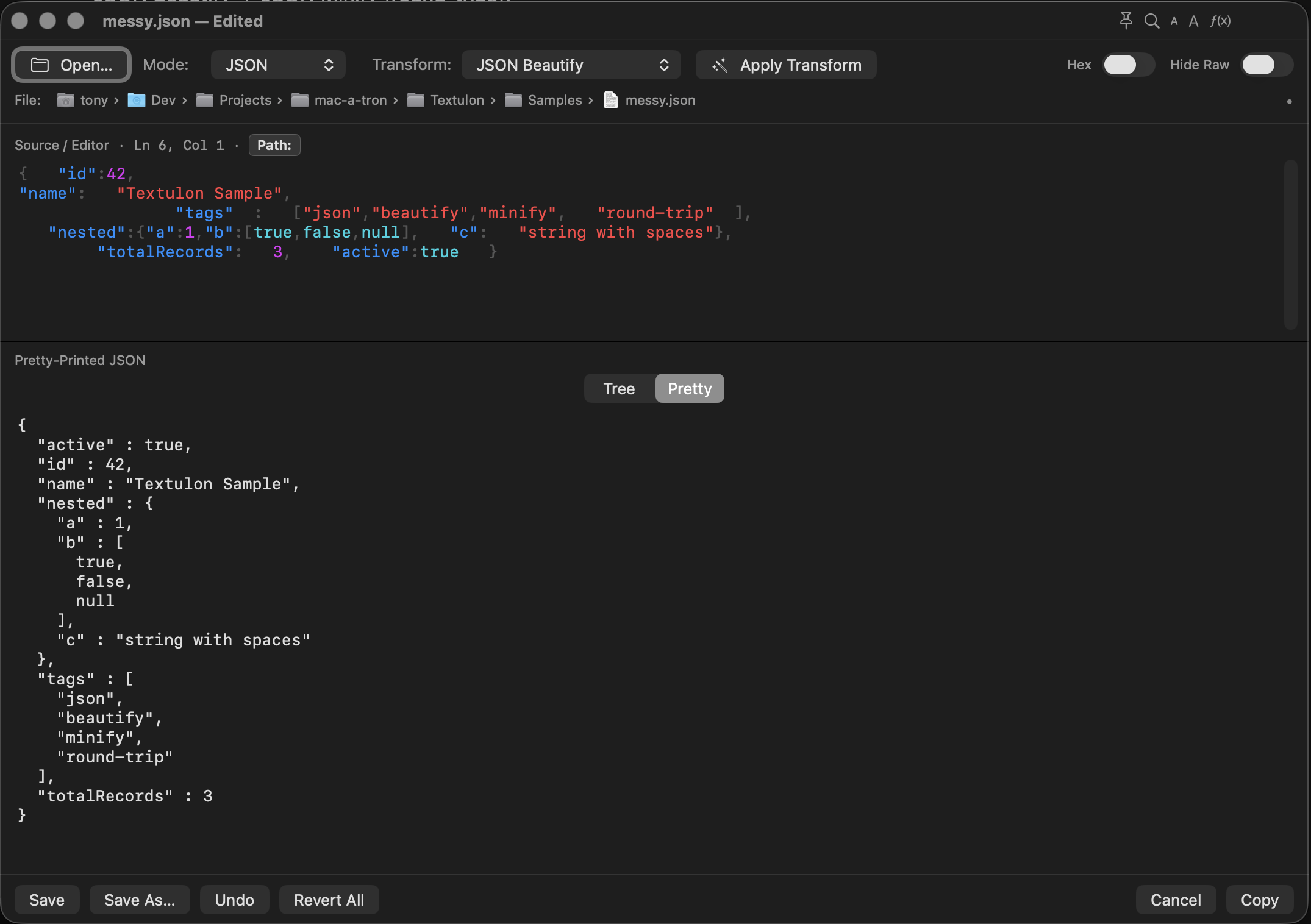 Textulon showing JSON beautify on messy.json