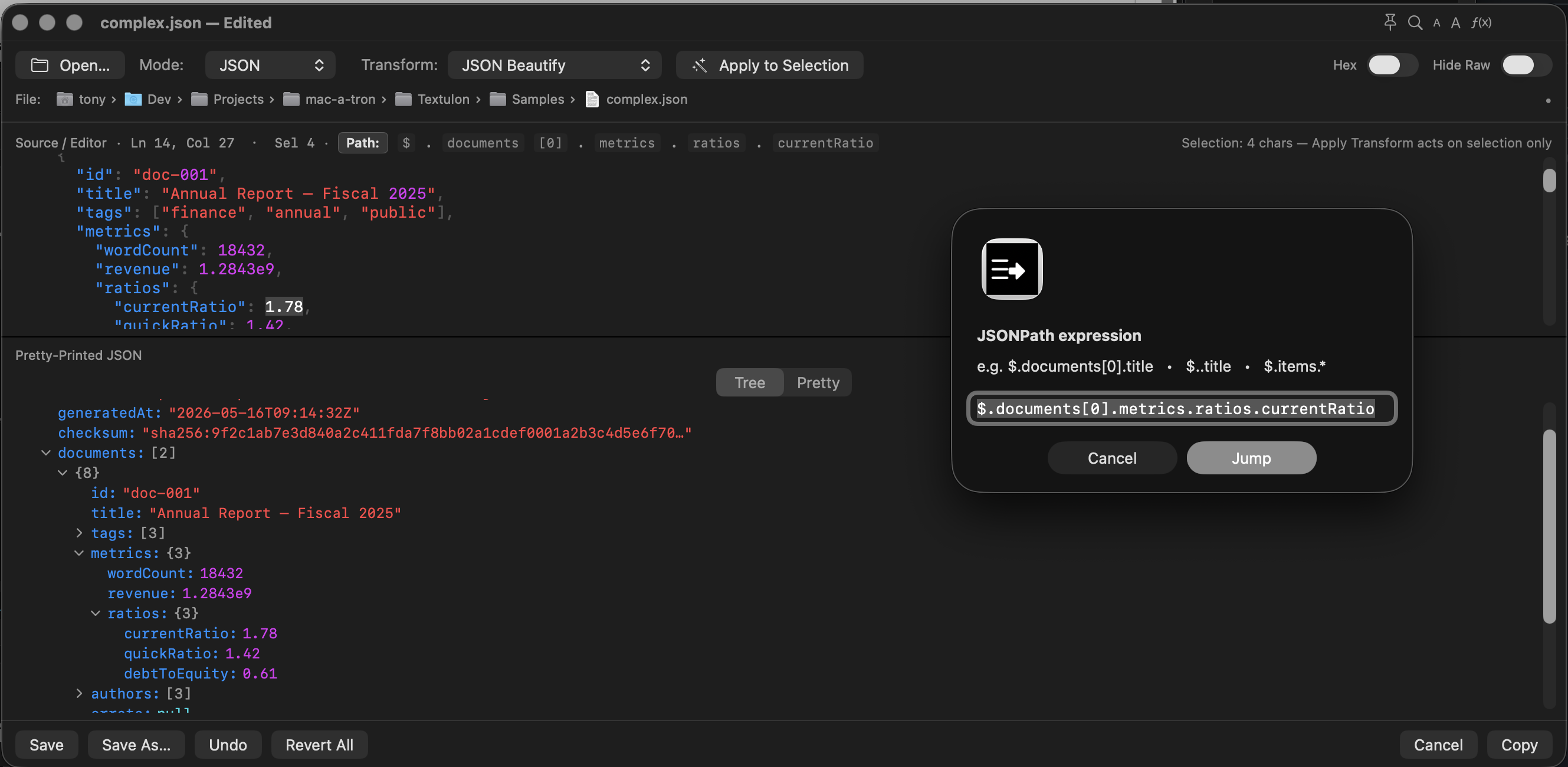 Textulon showing JSON tree, path row, and query results