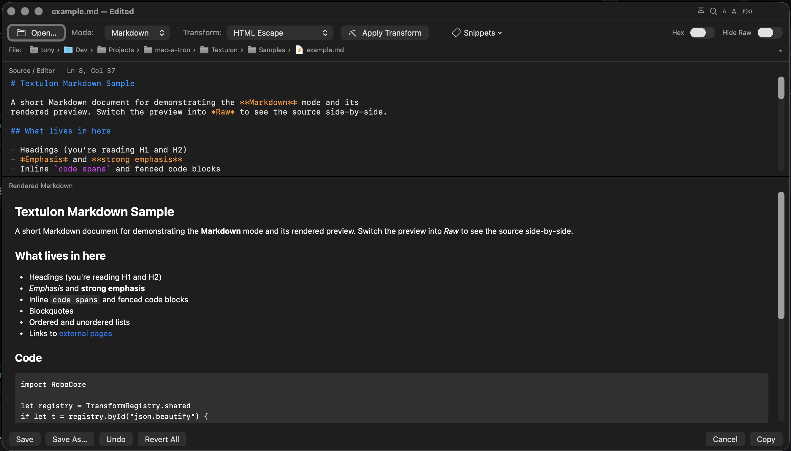 Textulon rendering Markdown