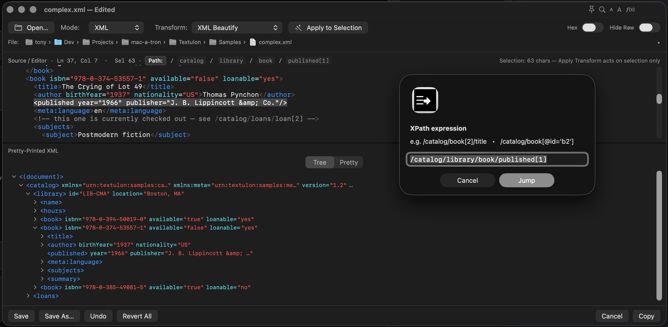 Textulon showing XML tree and XPath navigation